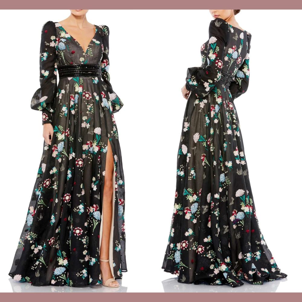 Nwt Mac Duggal [ 14 ] 79361 Embroidered Bishop Sleeve V Neck Flowy Gown Black